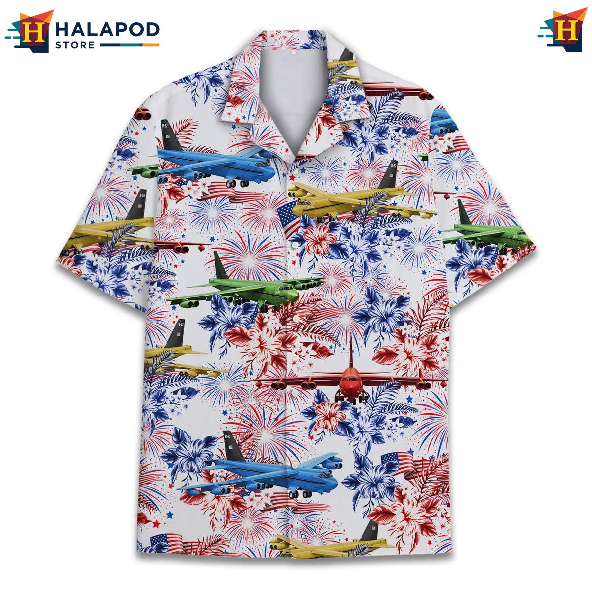 Vintage Patriotic Aloha Shirt, Usa Flag Design With Airplanes And Tropical Flowers For Men