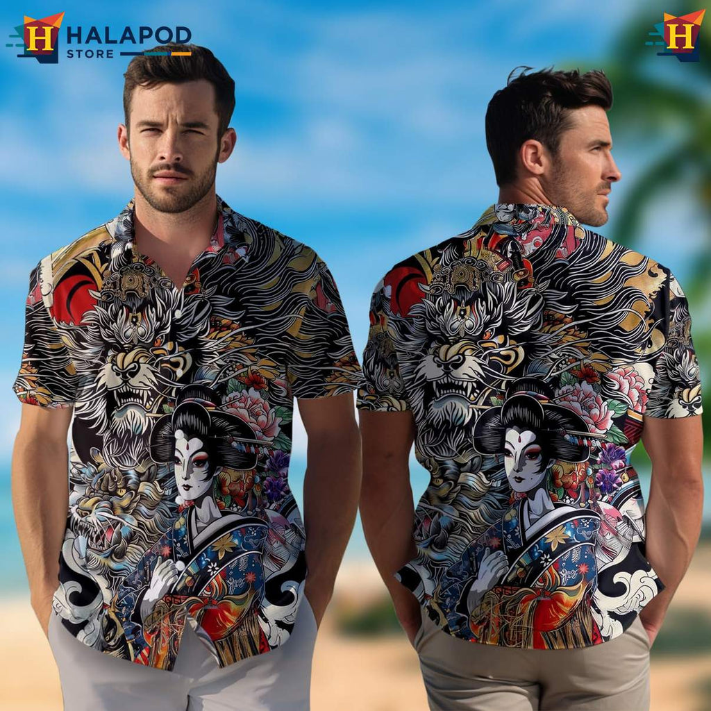 Vintage Samurai Japanese Warrior Shirt Mens Casual Hawaiian Button Down Tops