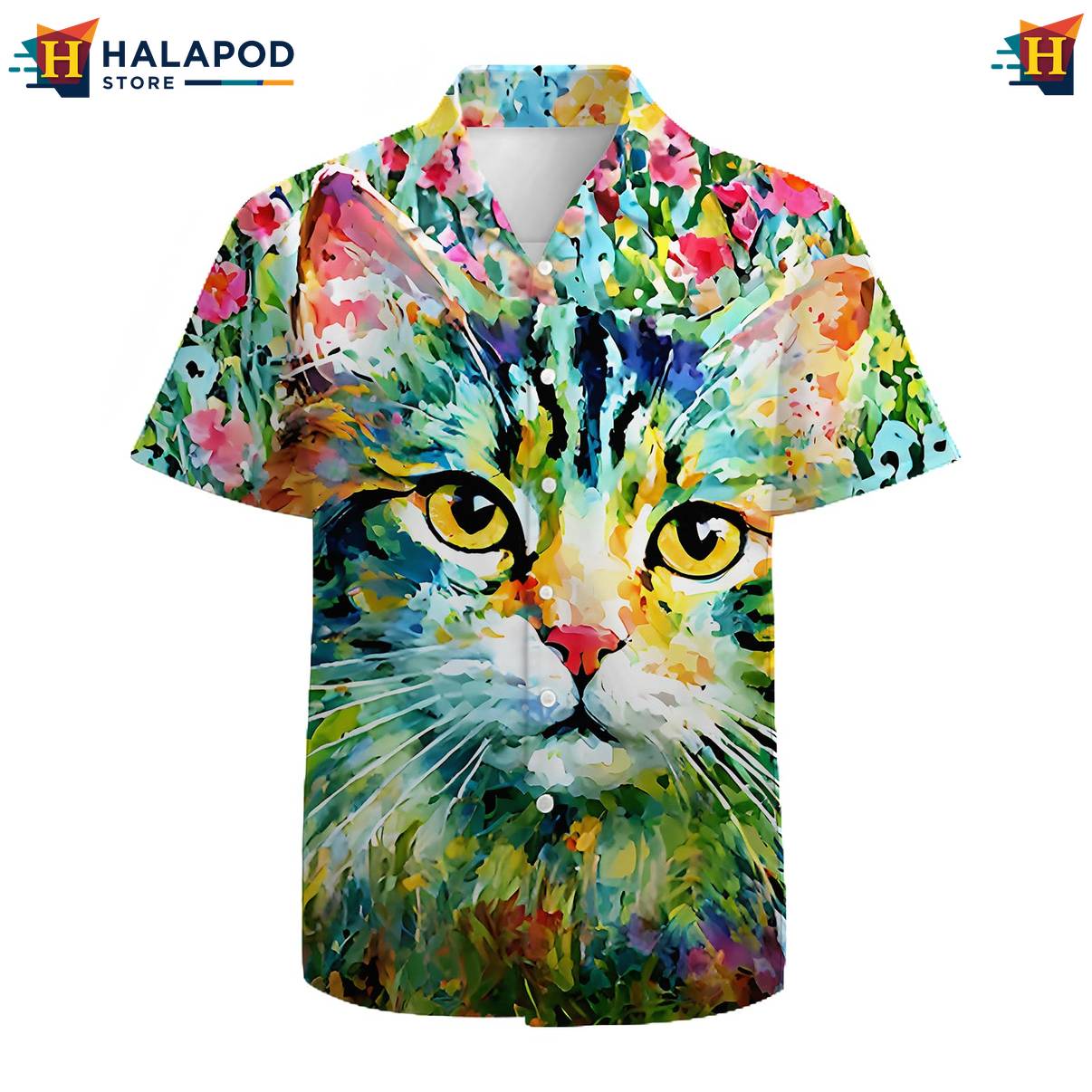 Watercolor Cat Hawaiian Shirt Mens Short Sleeve Floral Button Down Outfits