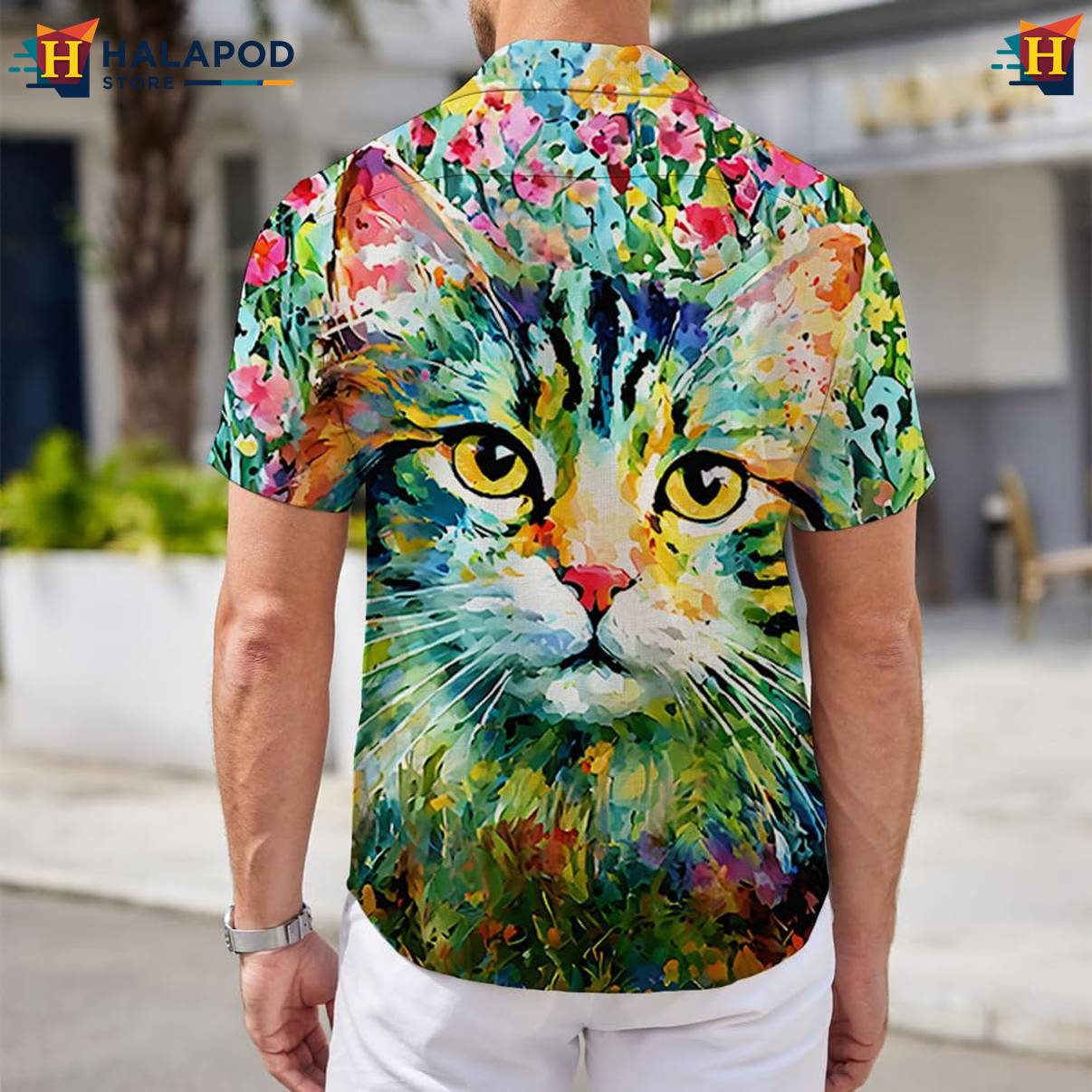 Watercolor Cat Aloha Shirt Mens Short Sleeve Floral Button Down Outfits