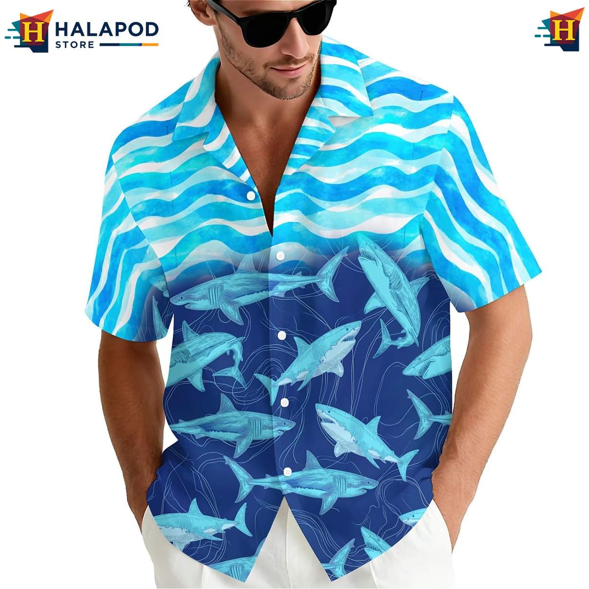 Wave Ocean Shark Tropical Hawaiian Shirt Short Sleeve Floral Button Down