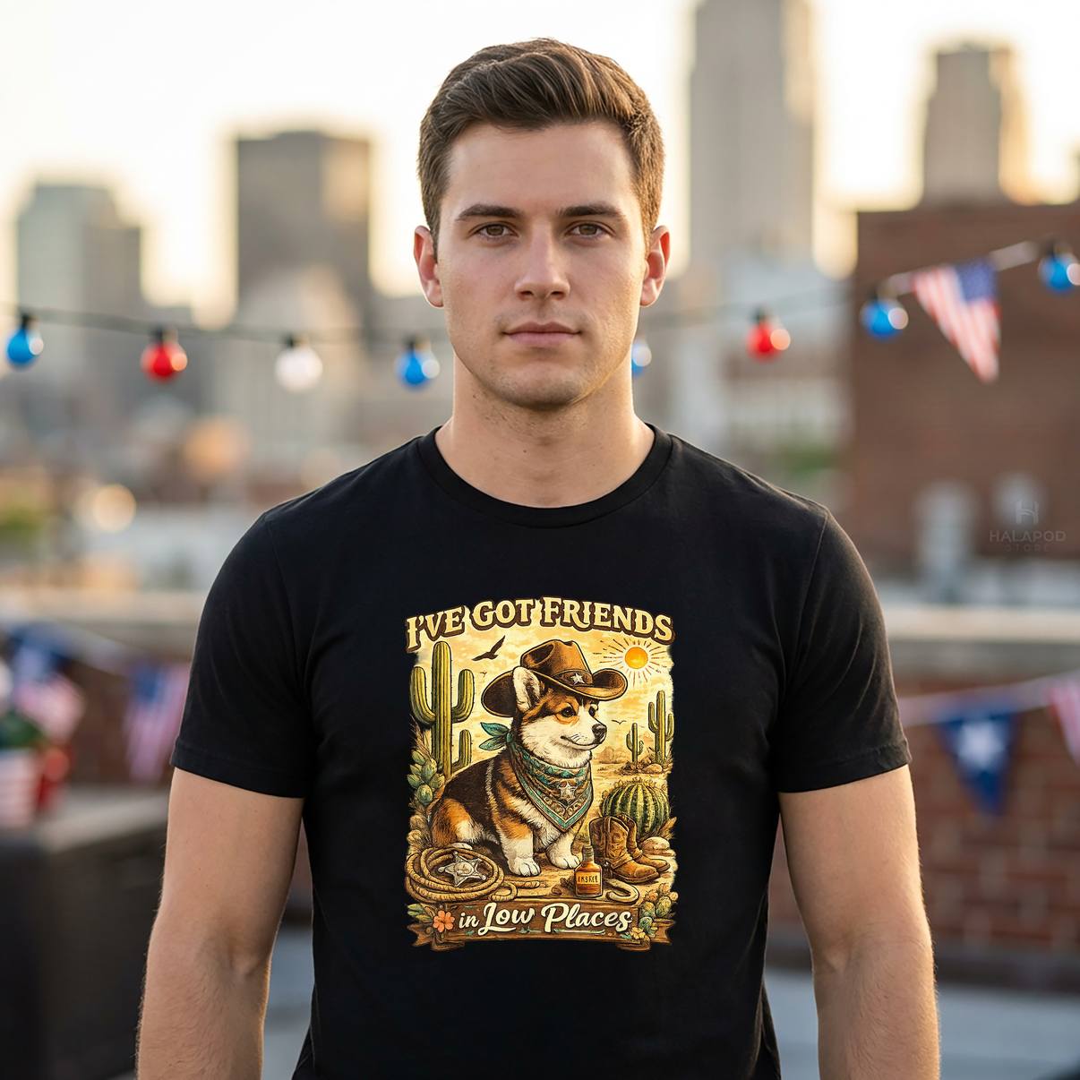 Western Dog Ive Got Friends T-Shirt In Low Places Funny Corgi Graphic Mens