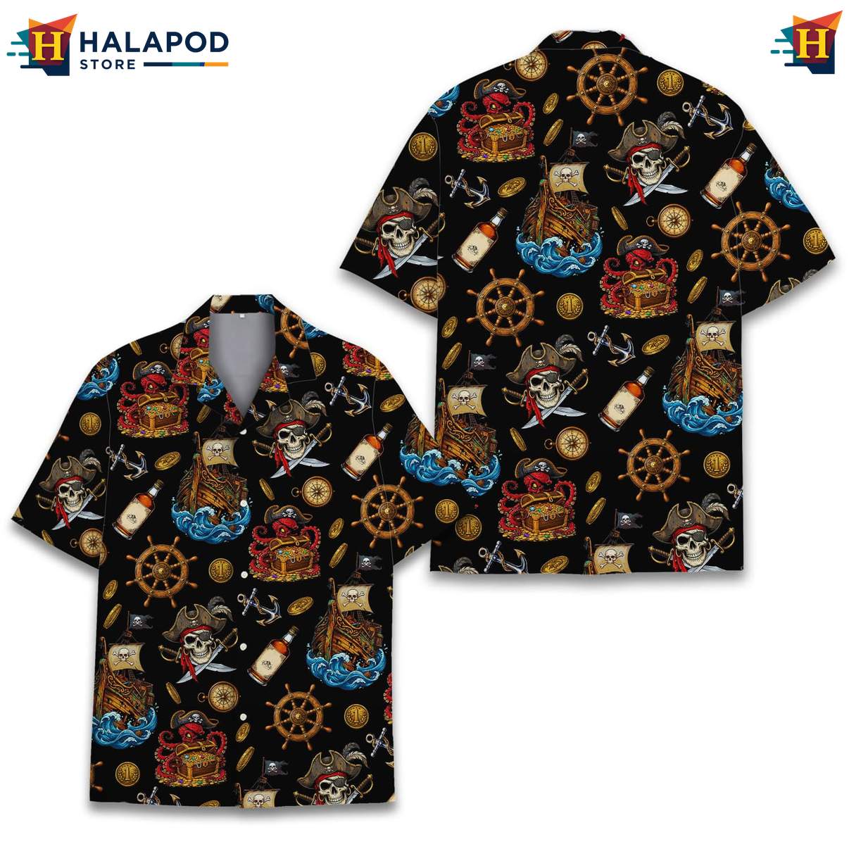 Whimsical Pirate Cat Short-sleeve button-up shirt, Vibrant Summer Button Down For Beach Parties