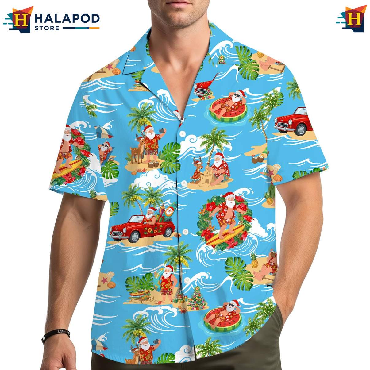 Whimsical Santa Claus Hawaiian Shirt, Vibrant Blue Summer Shirt With Cute Cat Design