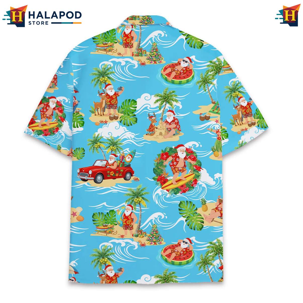 Whimsical Santa Claus Short-sleeve button-up shirt, Vibrant Blue Summer Shirt With Cute Cat Design