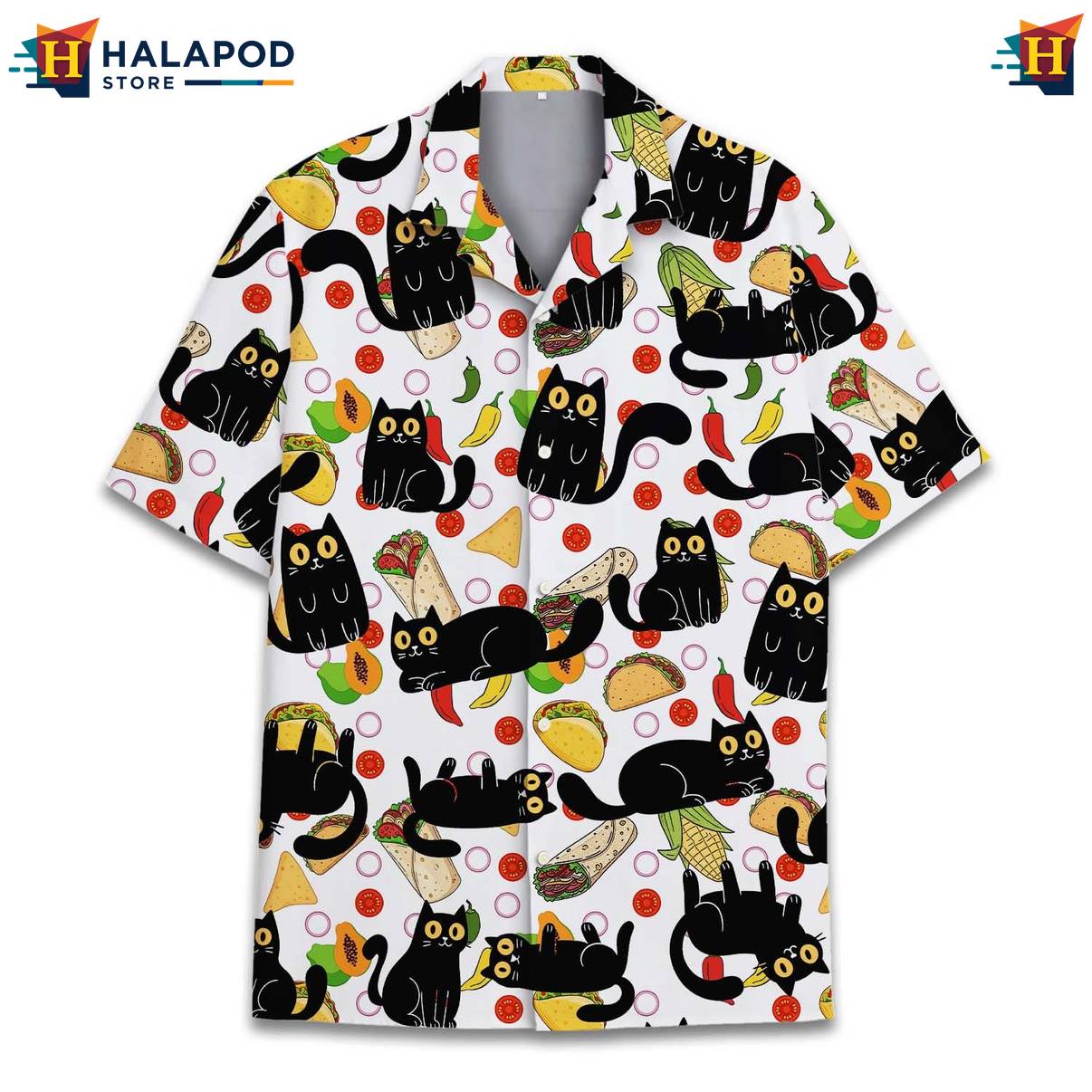 White Cat Funny Retro Hawaiian Shirt Alien UFO Short Sleeve Button Down Mens