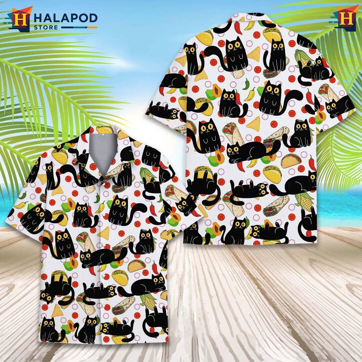 White Cat Funny Retro Tropical Shirt Alien UFO Short Sleeve Button Down Mens