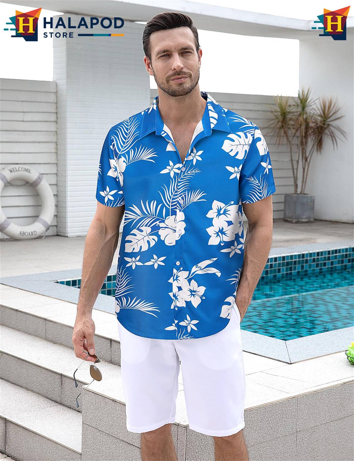 White Flower Blue Short-sleeve button-up shirt Mens Tropical Beach Button Down Apparel