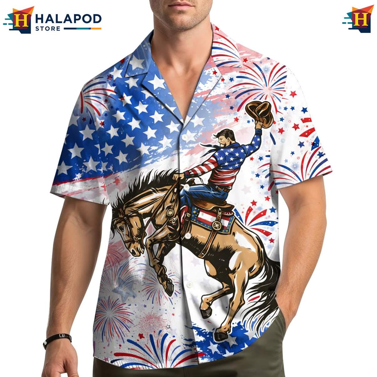 White Horse Racing Patriotic Shirt USA Flag Hawaiian 4th Of July Clothing