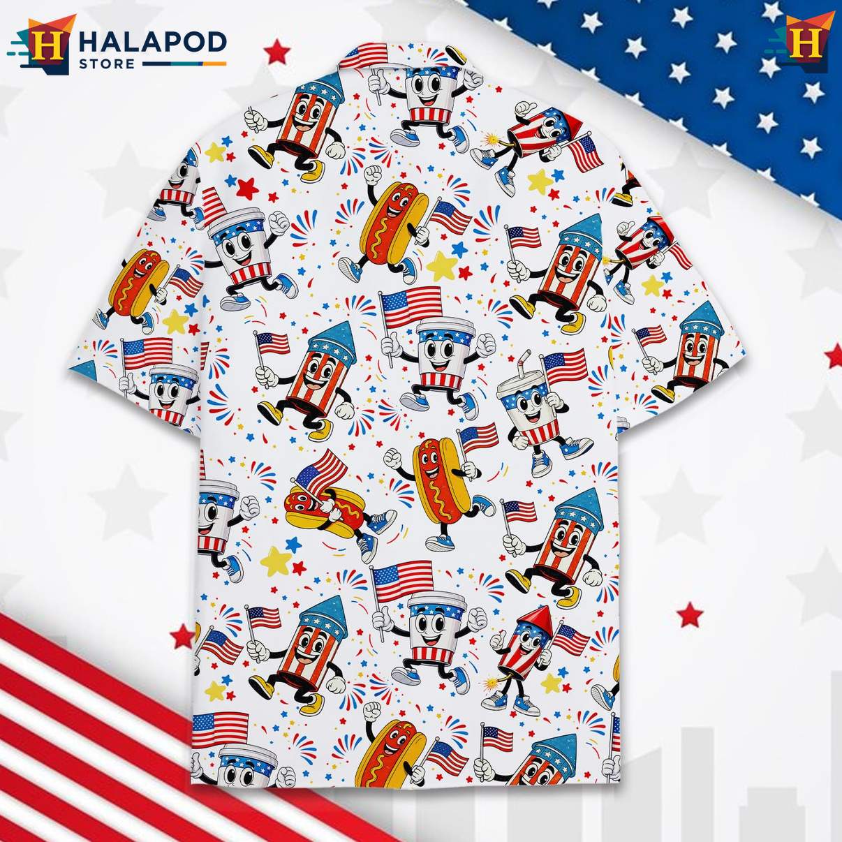 White Hot Dog Patriotic Tropical Shirt USA Flag 4th Of July Button Down