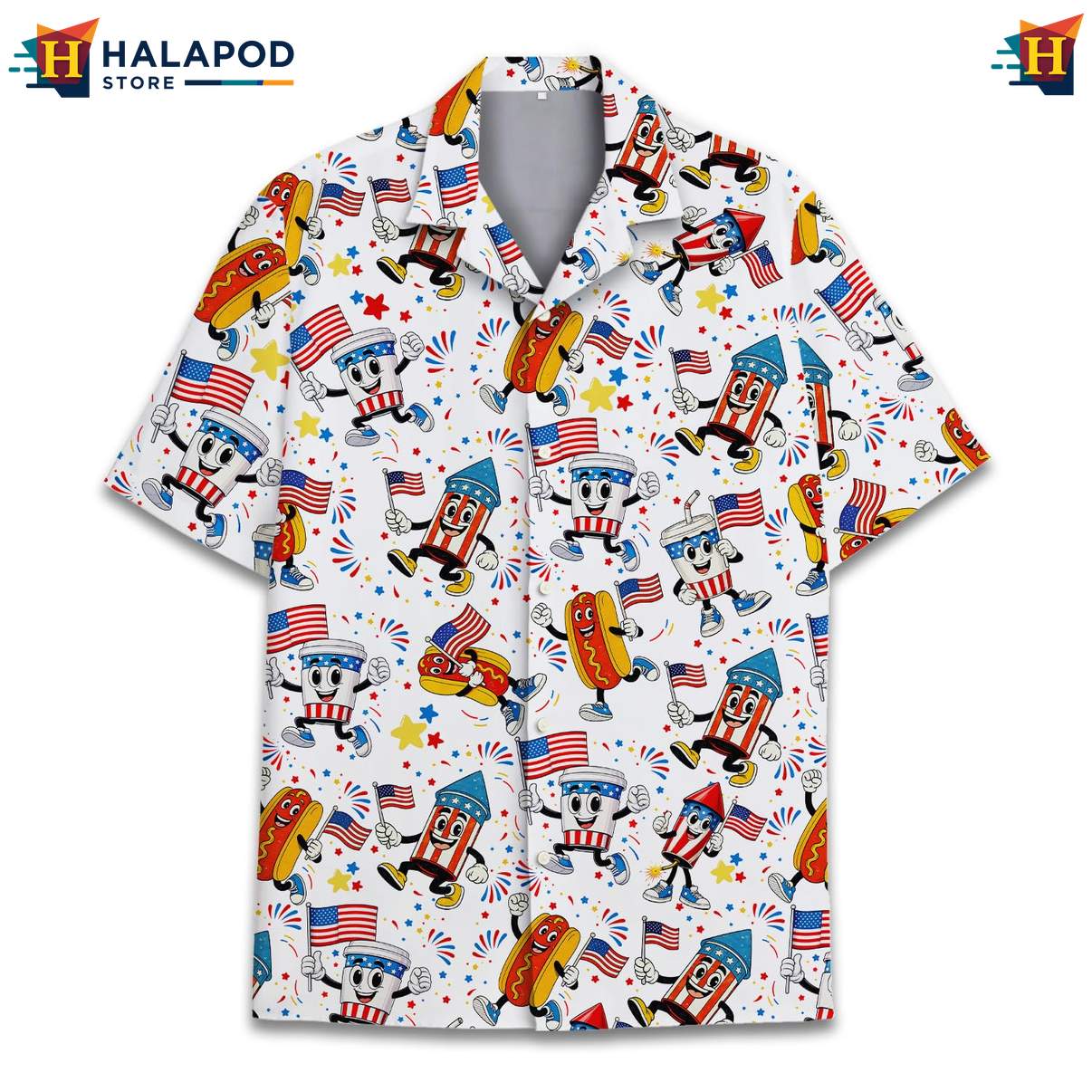 White Hot Dog Patriotic Short-sleeve button-up shirt USA Flag 4th Of July Button Down