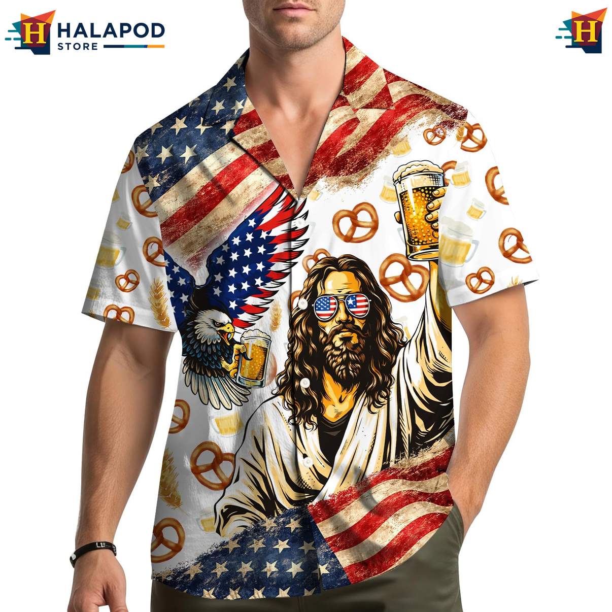 White Jesus Beer Patriotic Hawaiian Shirt USA Flag 4th Of July Button Down