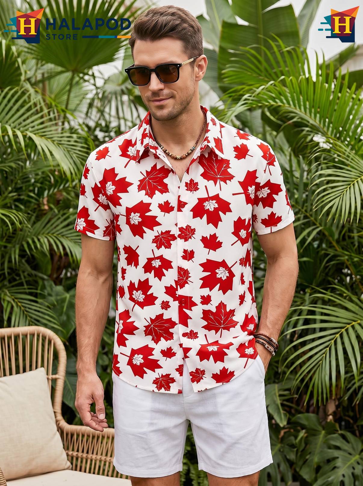 White Red Maple Tropical Shirt Mens Tropical Beach Button Down Short Sleeve