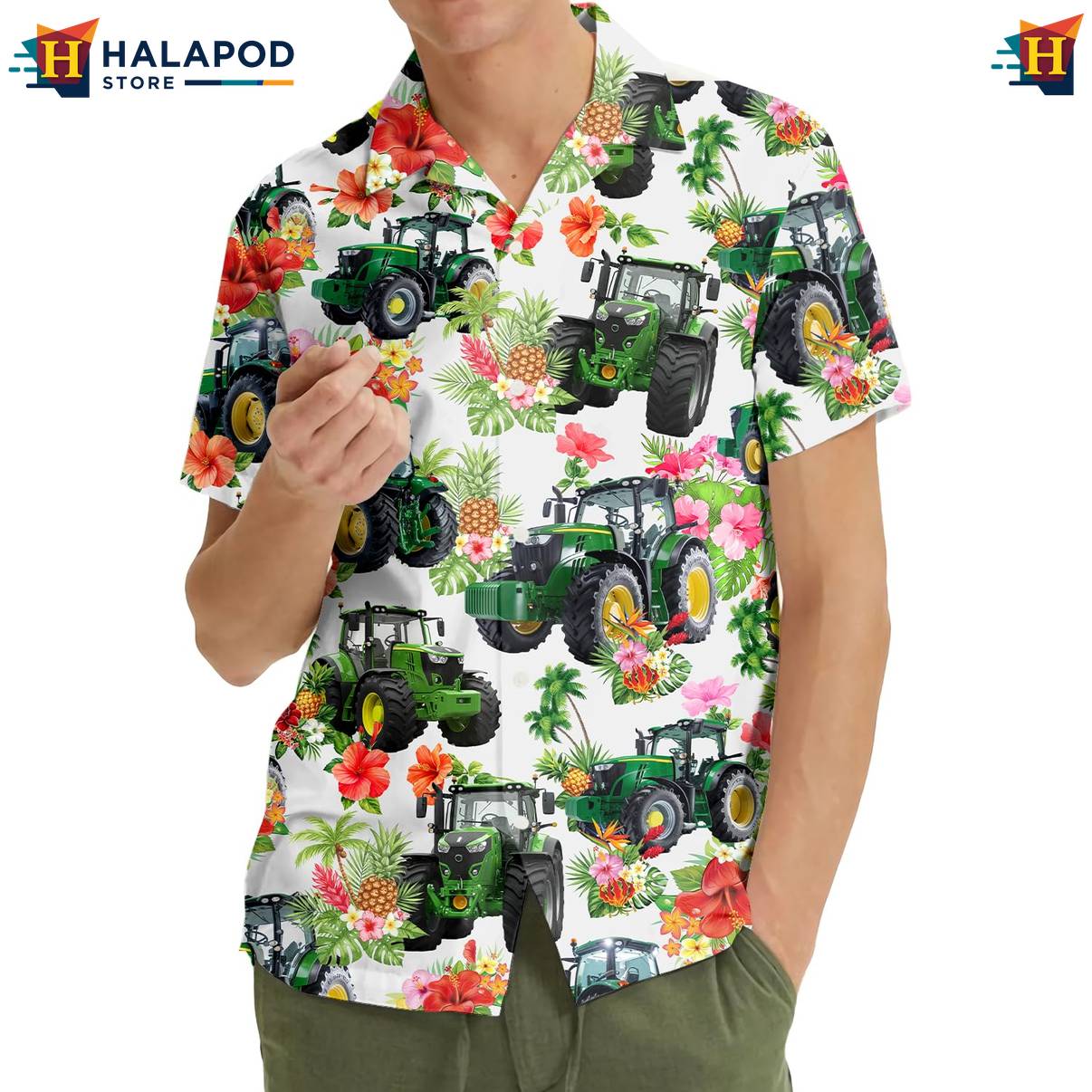 White Tractor Funny Short-sleeve button-up shirt Alien UFO Short Sleeve Button Down Mens