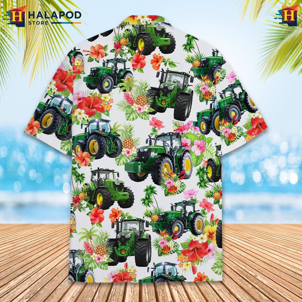 White Tractor Funny Tropical Shirt Alien UFO Short Sleeve Button Down Mens