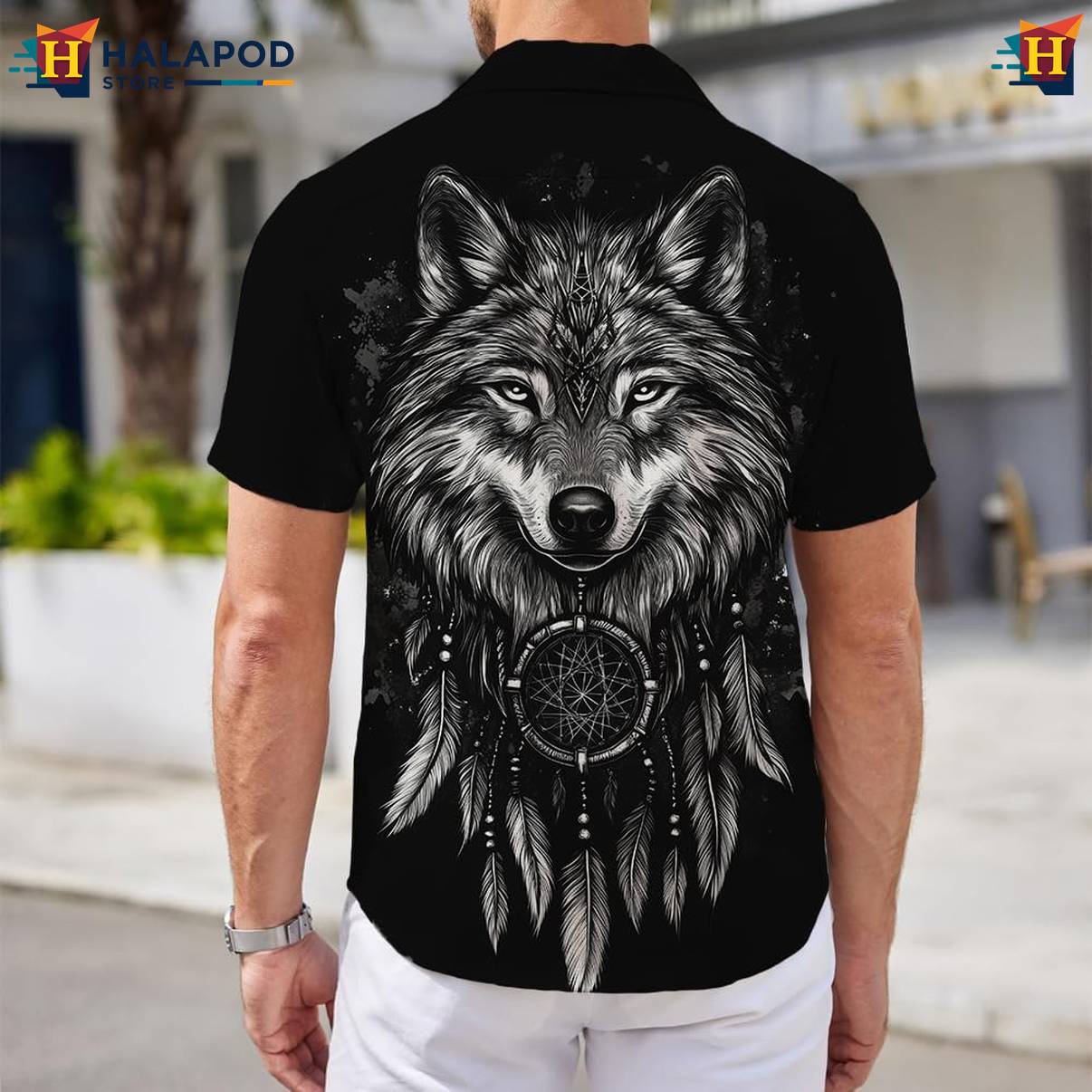 Wolf Print Tropical Aloha Shirt Mens Short Sleeve Floral Button Down Tops