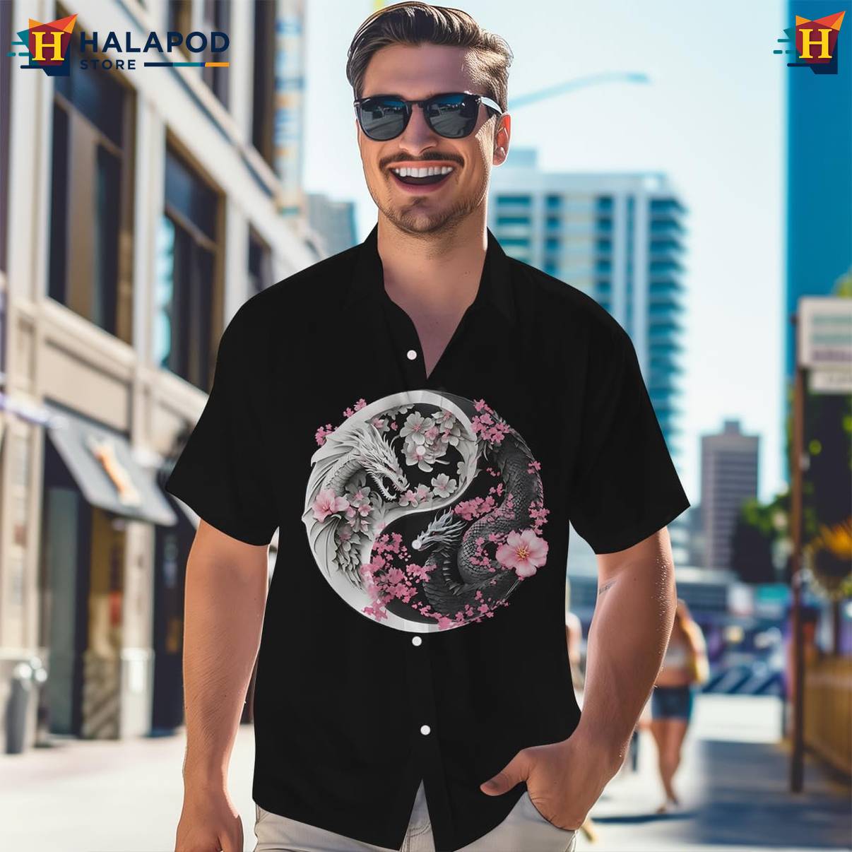 Ying Yang Dragon Tropical Shirt Mens Short Sleeve Floral Button Down Tops