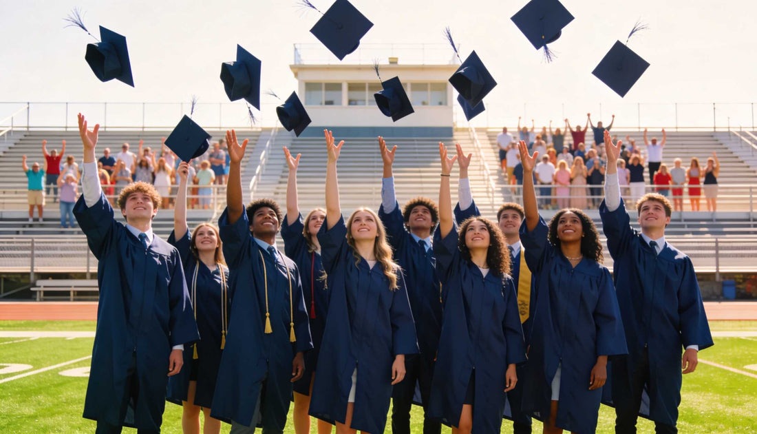 Cinematic wide shot of a high school graduation ceremony in 2026 outdoor stadium with blurred graduates tossing caps