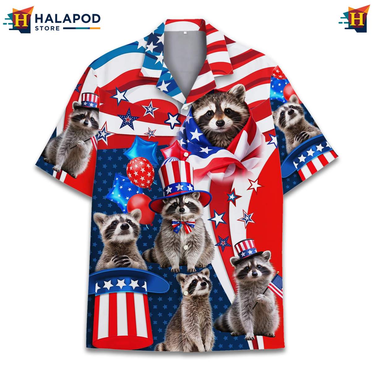 4th Of July Patriotic Raccoon Tee USA Flag Hawaiian Button Down Apparel