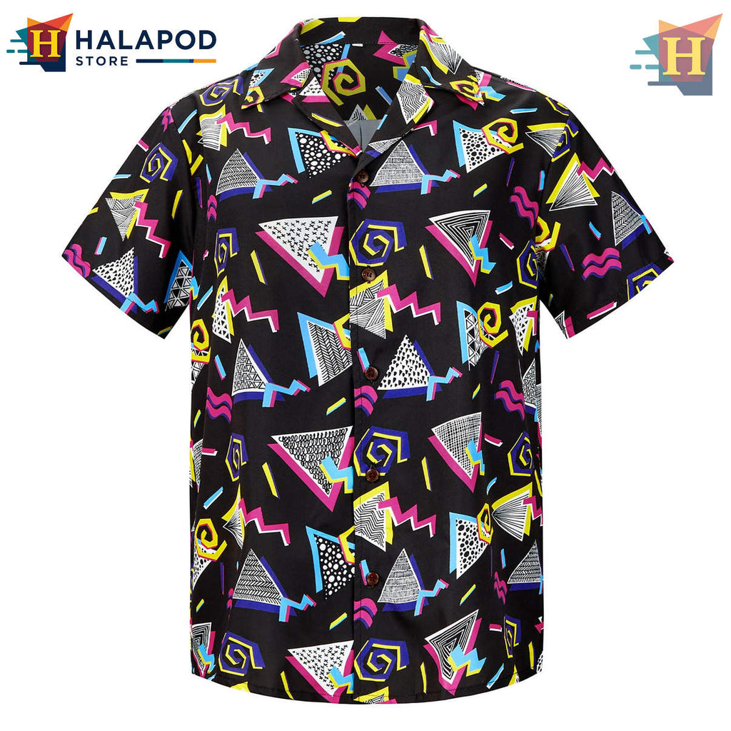80s Geometric Black Hawaiian Shirt 2026 Floral Print Novelty Beach Apparel
