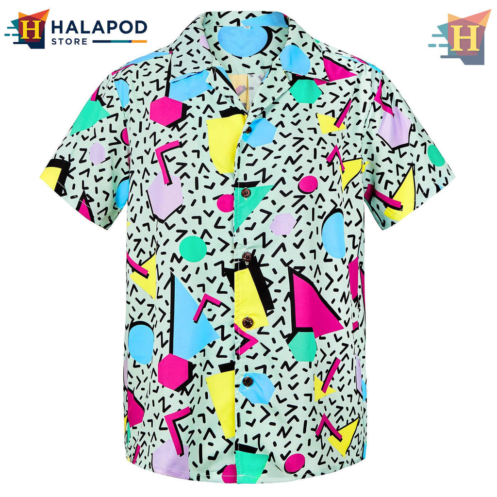 80s Geometric Green Hawaiian Shirt 2026 Floral Print Novelty Beach Apparel