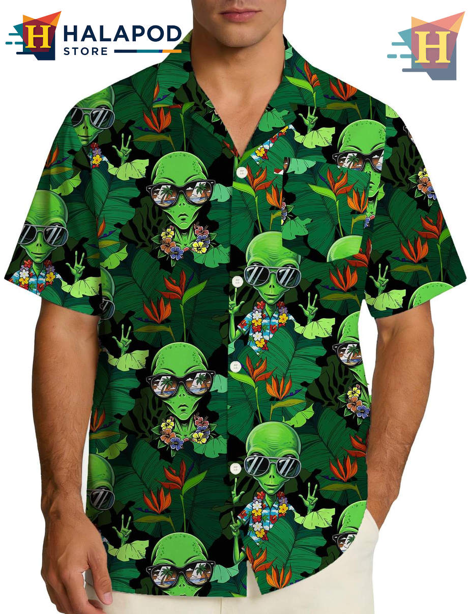 Alien Palm Leaf Hawaiian Shirt Funny Mens Beach Casual Summer Tropical Vacation