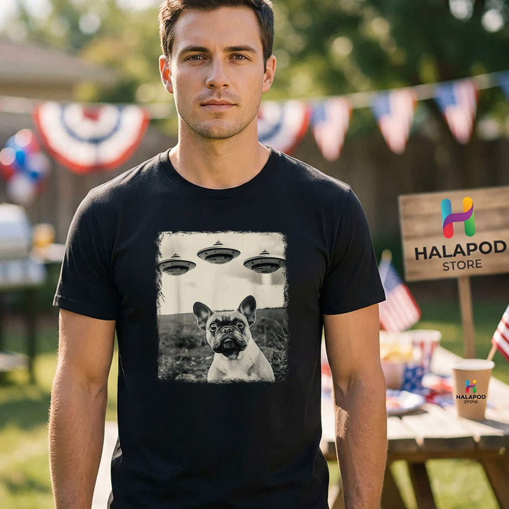 Alien UFO French Bulldog Shirt Funny Extraterrestrial Selfie Casual Graphic