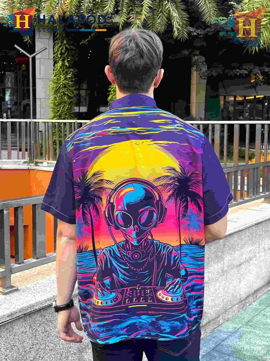 Aliens DJ Hawaiian Shirt Funny Bold Graphic Tropical Casual Beach Mens Shirt