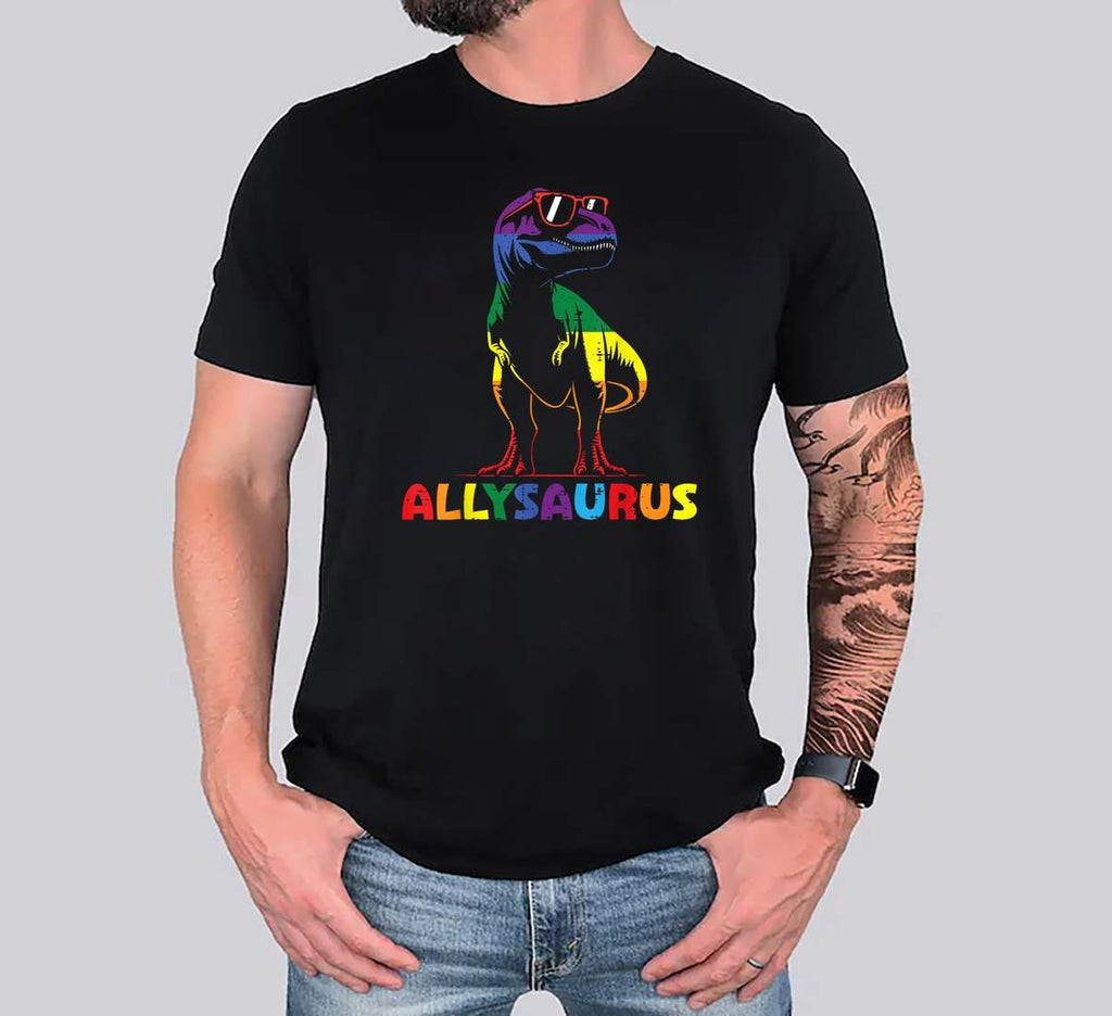 Allysaurus Dino Trex Shirt Gay Pride Month LGBTQ Ally Boys Kids Graphic Mens