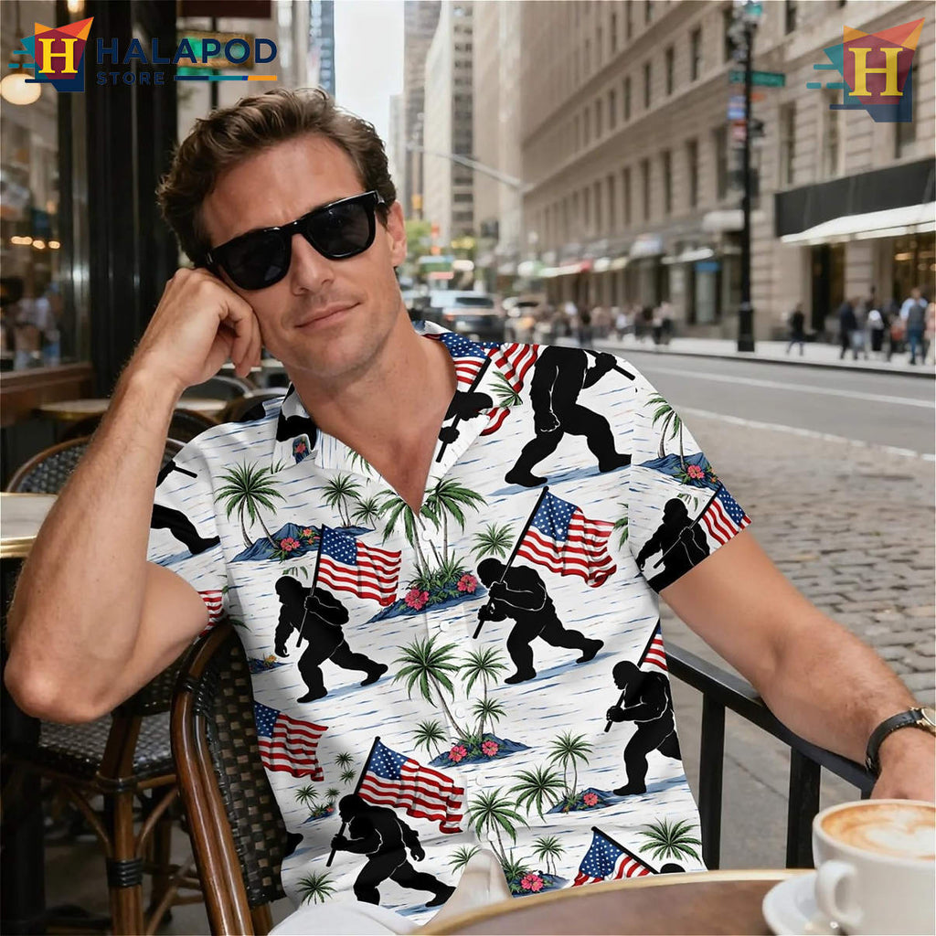 American Flag Bigfoot Hawaiian Shirt Funny Tropical Summer Beach Graphic Shirt