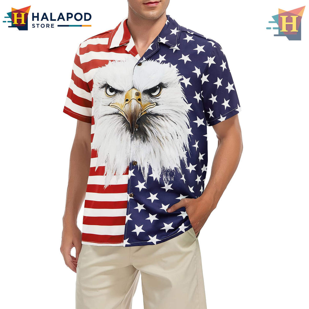 American Flag Eagle Hawaiian Shirt Floral Print Novelty Casual Beach Fan Gear