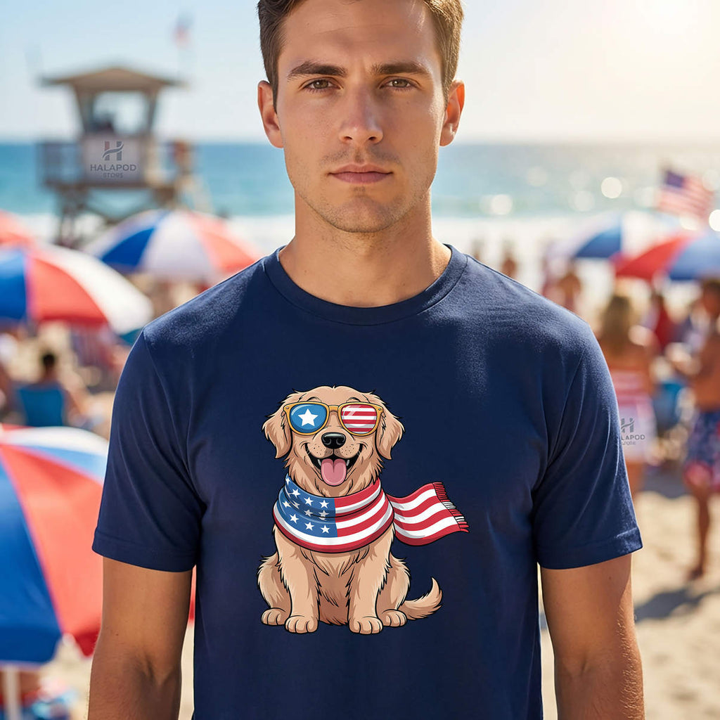 American Flag Golden Dog Shirt Patriotic Retriever 4th Of July Casual Mens