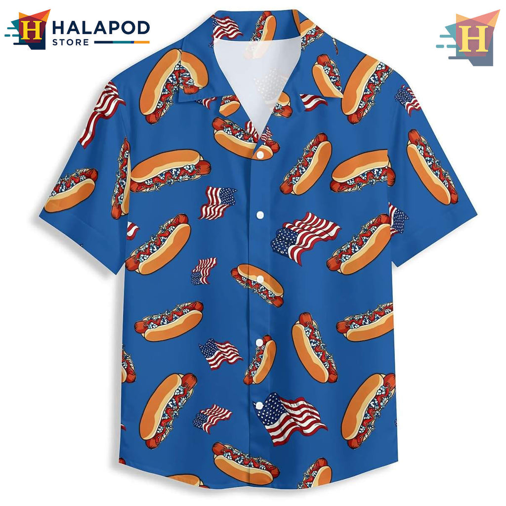 American Flag Hot Dog Aloha Shirt 3D Graphic Mens Novelty Casual Beachwear Men