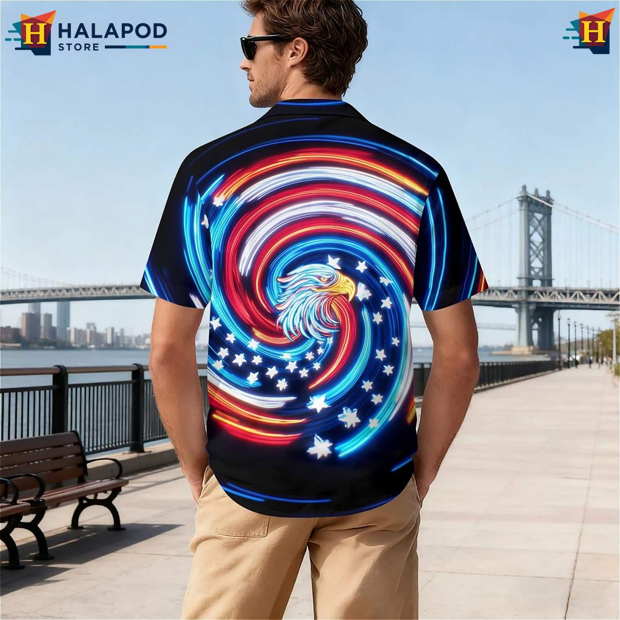 American Flag Neon Eagle Tropical Shirt Tropical Short Sleeve Beach Tops