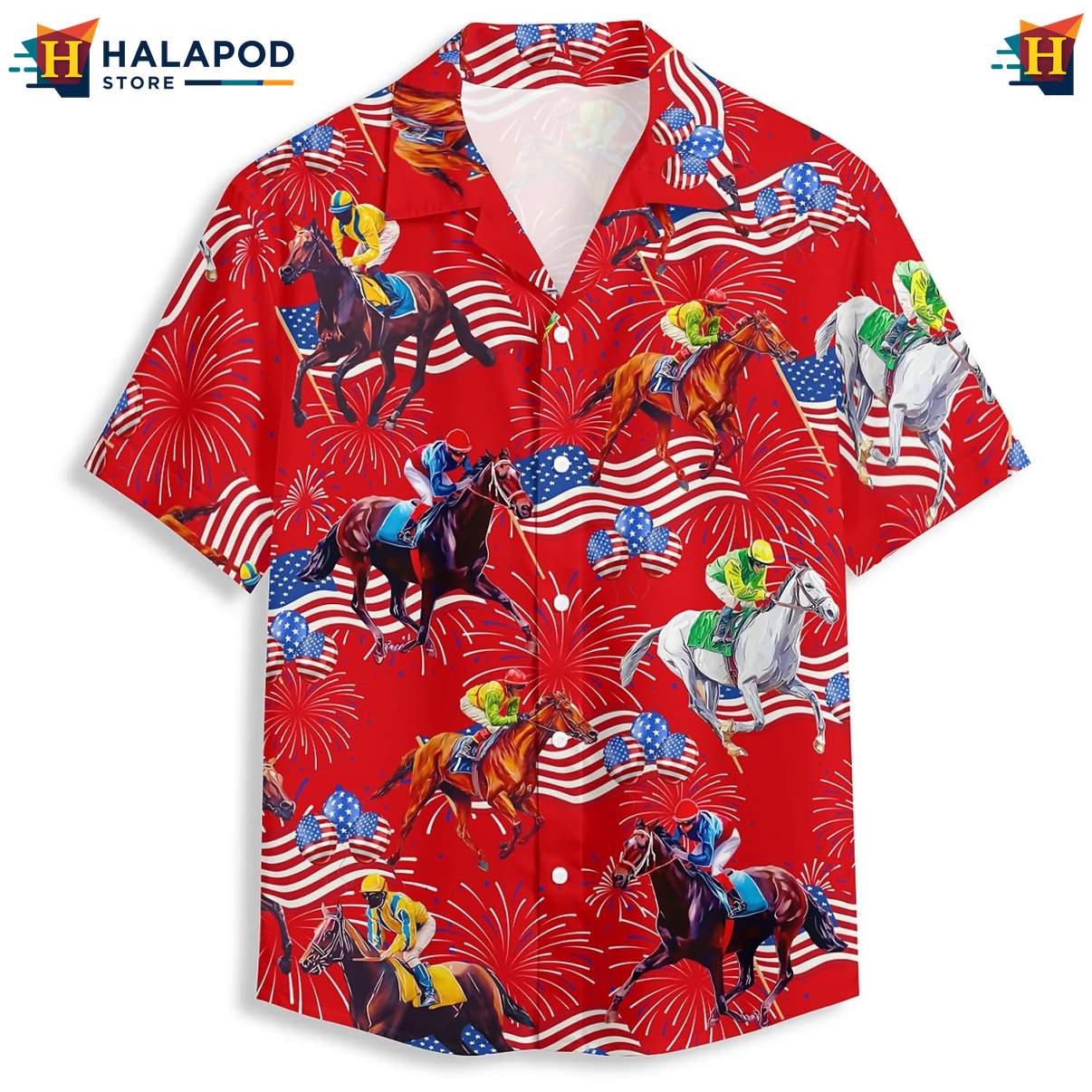 American Flag Race Horse Hawaiian Shirt Tropical Short Sleeve Beachwear