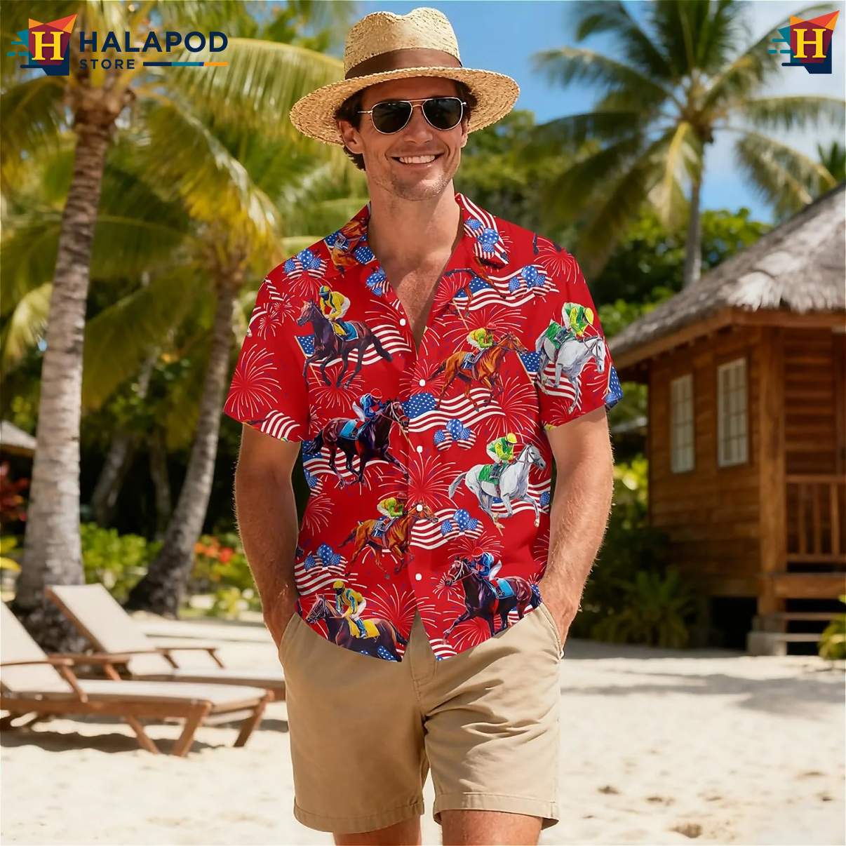 American Flag Race Horse Short-sleeve button-up shirt Tropical Short Sleeve Beachwear