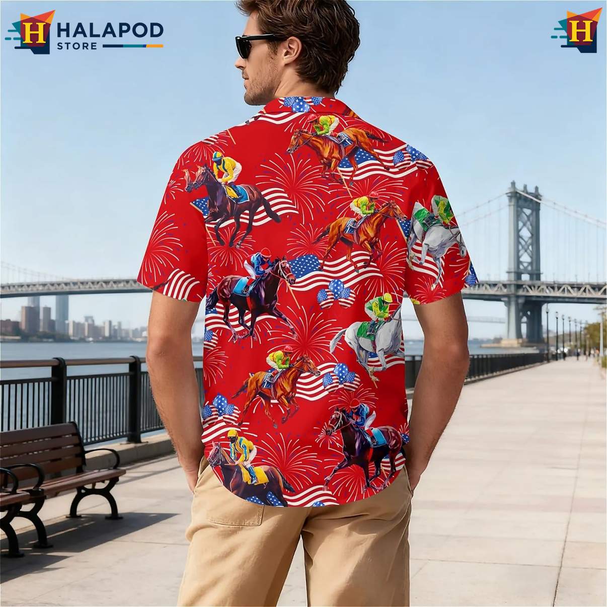 American Flag Race Horse Tropical Shirt Tropical Short Sleeve Beachwear