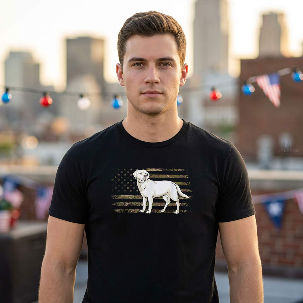 American Flag White Labrador Retriever Shirt Patriotic Dog Graphic Casual Mens