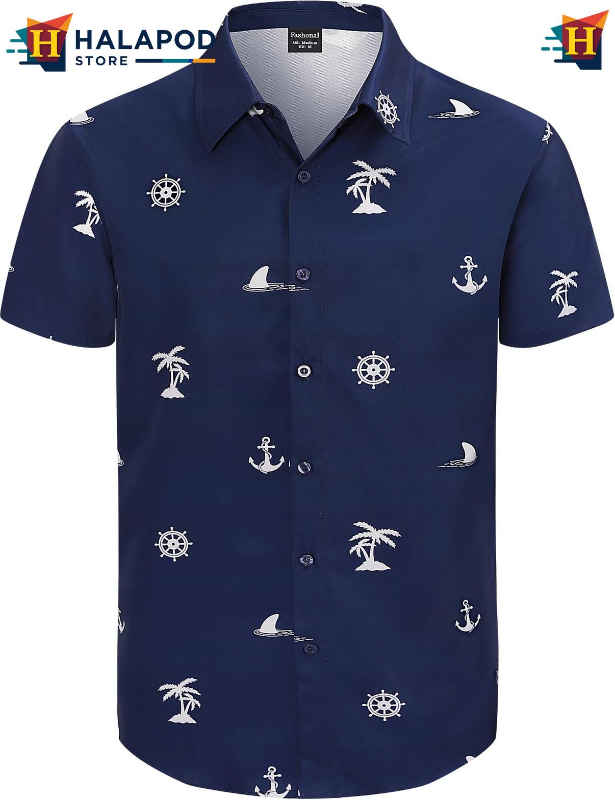 Anchor Navy Hawaiian Shirt Mens Tropical Beach Button Down Short Sleeve