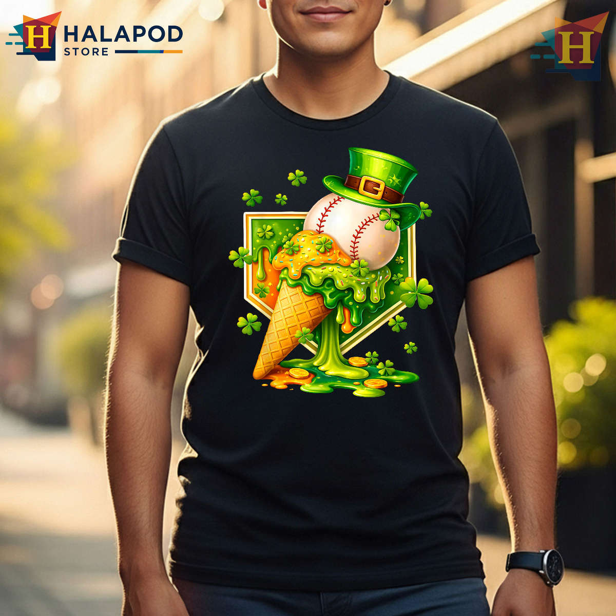Baseball Ice Cream Drip Tee St Patricks Day T Shirt Shamrock Boys