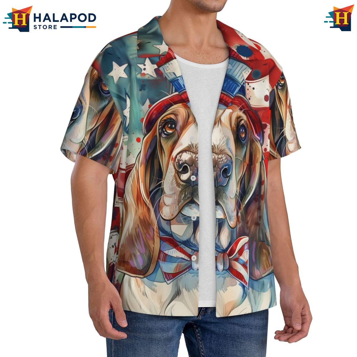 Basset Hound Short-sleeve button-up shirt Mens Dog Pattern Summer Casual Beach Button Down