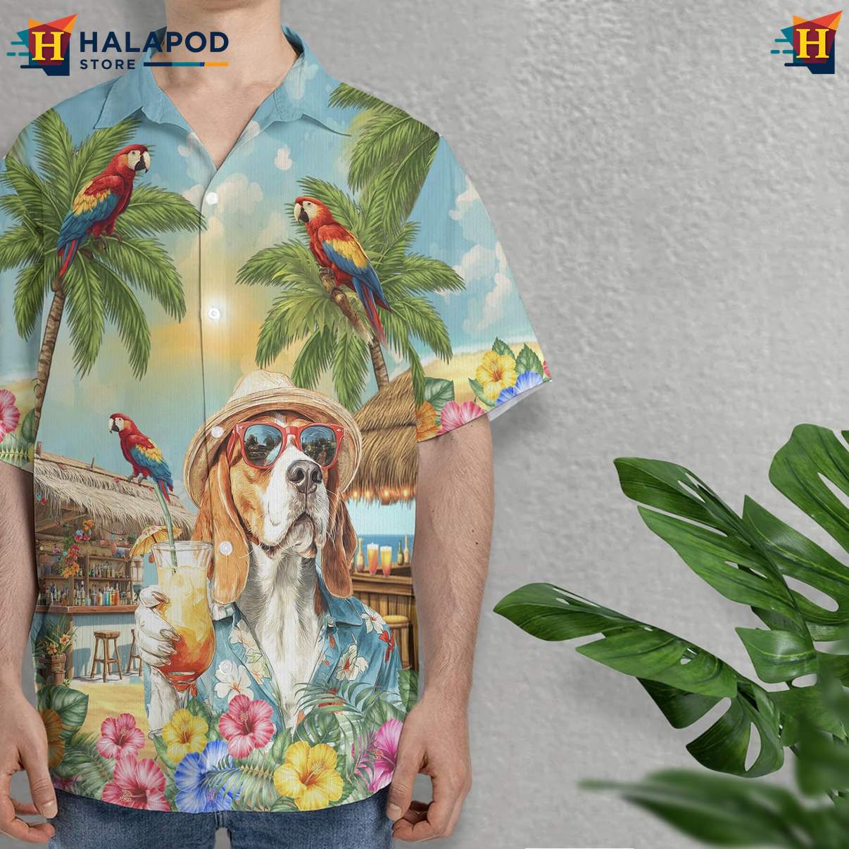 Beagle Dog Aloha Shirt Funny Pattern Mens Summer Beach Casual Button Down