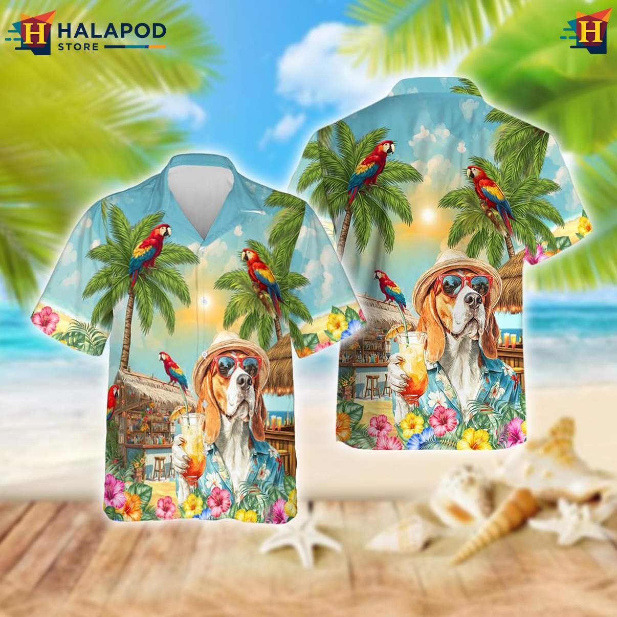 Beagle Dog Tropical Shirt Funny Pattern Mens Summer Beach Casual Button Down
