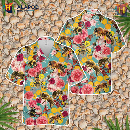 Bee Flower Pattern Best Hawaiian Shirt with Bright Tropical Colors for Summer Days