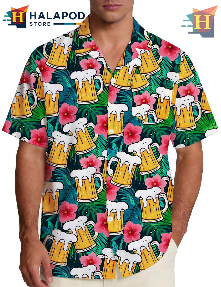 Beer Palm Leaves Hawaiian Shirt Funny Mens Beach Casual Summer Vacation Button