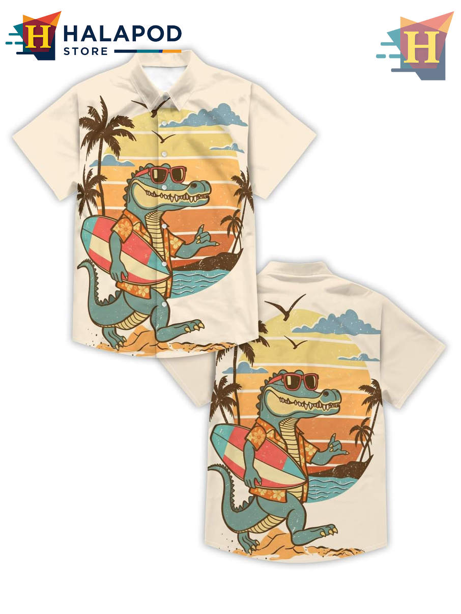 Beige Crocodile Hawaiian Shirt Mens Japanese Style Beach Tropical Holiday Shirt