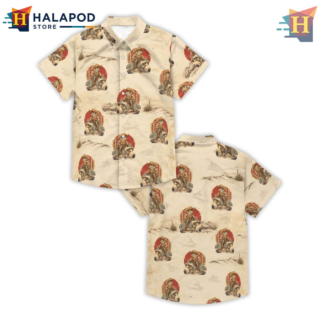 Beige Frog Hawaiian Shirt Summer Beach Tropical Vacation Casual Aloha Mens Gear