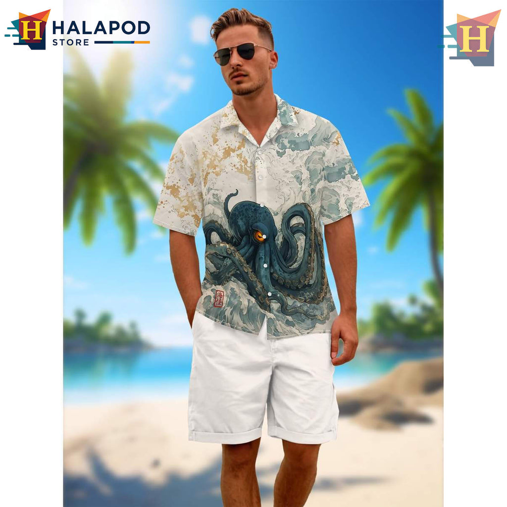 Beige Octopus Hawaiian Shirt Funny Cartoon Men Beach Vacation Casual Clothing