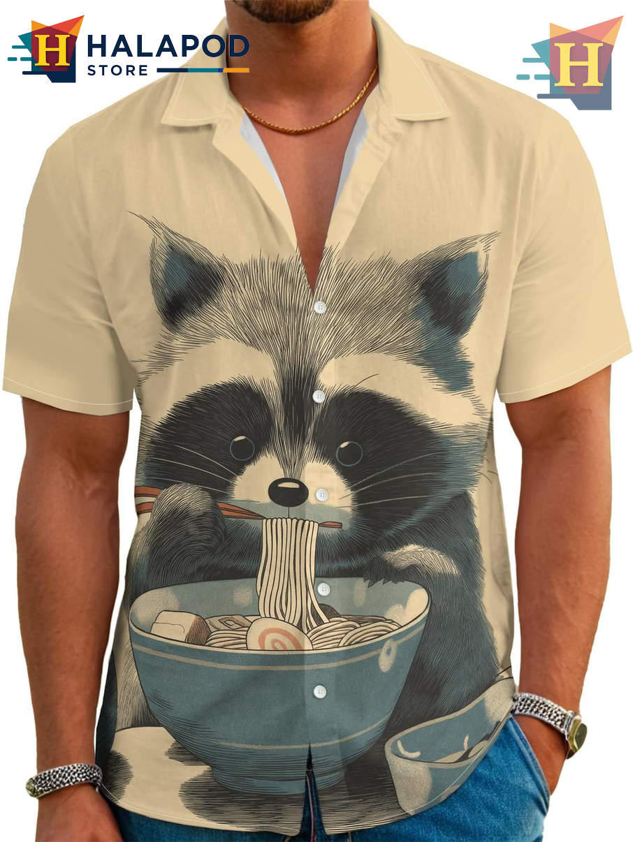 Beige Raccoon Hawaiian Shirt Mens Japanese Style Beach Tropical Holiday Button