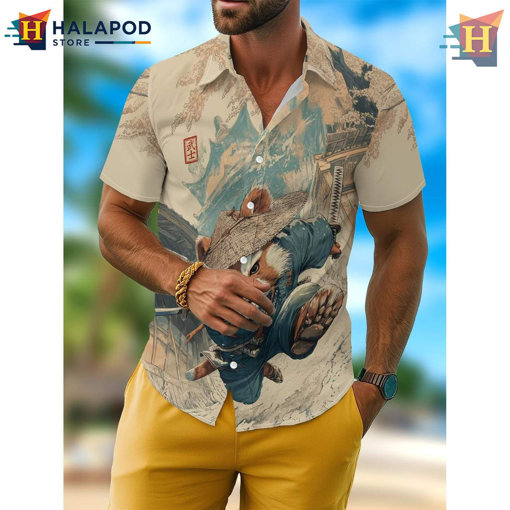 Beige Samurai Hawaiian Shirt Funny Cartoon Mens Beach Vacation Casual Design